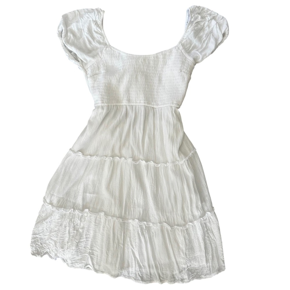 Hollister White‎ Tiered Mini Dress Smocked Back Tie Puff Sleeve Womens Small